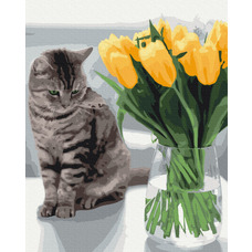 Картина за номерами Котик з тюльпанами BrushMe BS52638